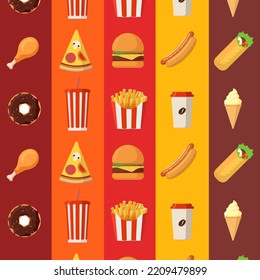 junk food vector background. Slice pizza, burger, french fries, soda drink, fried chicken seamless pattern. vector wallpapers. Fast food background.