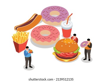 Junk food vector concept. Group of fat men eating junk foods with greedy gesture