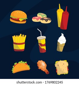 Ilustración del icono del vector de comida basura. Comida chatarra y tipo de comida chatarra. Icono de la comida Concepto blanco aislado. Estilo de caricatura plano adecuado para la página de aterrizaje web, pancarta, volante, adhesivo, tarjeta