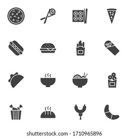Junk food vector icons set, modern solid symbol collection, Fast food delivery filled style pictogram pack. Signs, logo illustration. Set includes icons as pizza, sushi roll, french fry, hamburger 