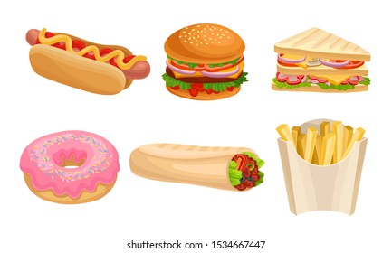 Junk Food Vector Illustrated Set. Fast Food Restaurant Menu Items