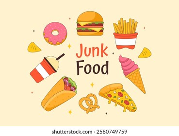 Junk Food Vector Illustration featuring Fast Food Meals such as French Fries, Pizza, Fried Chicken, and Hamburgers in a Flat Style Cartoon Background