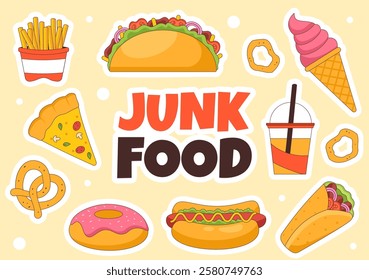 Junk Food Vector Illustration featuring Fast Food Meals such as French Fries, Pizza, Fried Chicken, and Hamburgers in a Flat Style Cartoon Background