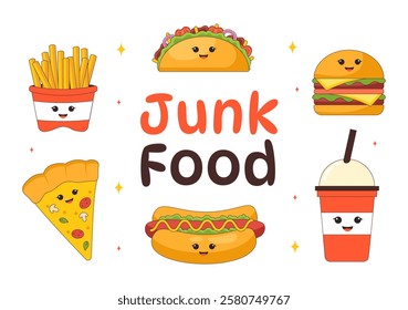 Junk Food Vector Illustration featuring Fast Food Meals such as French Fries, Pizza, Fried Chicken, and Hamburgers in a Flat Style Cartoon Background