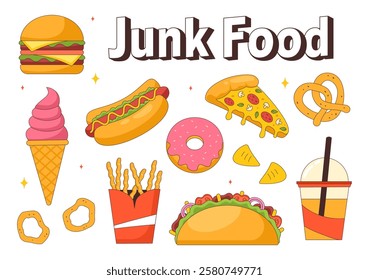 Junk Food Vector Illustration featuring Fast Food Meals such as French Fries, Pizza, Fried Chicken, and Hamburgers in a Flat Style Cartoon Background