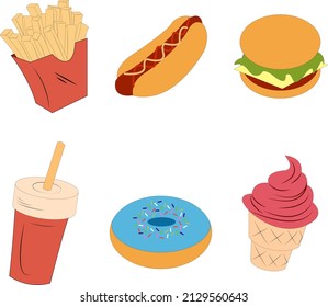 Junk Food Vector Illustration Set. Fast Food Restaurant Menu Items. Vector illustration.
