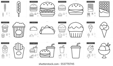 Junk food vector line icon set isolated on white background. Junk food line icon set for infographic, website or app. Scalable icon designed on a grid system.