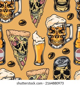 Junk food vintage pattern seamless colorful pizza and alcoholic drinks in glasses beer with appetizer for party vector illustration