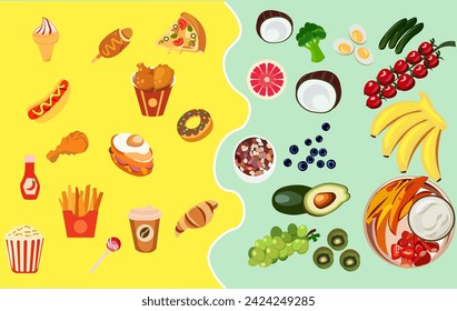 Junk food vs healthy food. less nutrition such as ice cream, hot dog, fried chicken, donuts, candy. Healthy food such as avocado, banana, coconut, boiled egg, blue berry, grapes etc