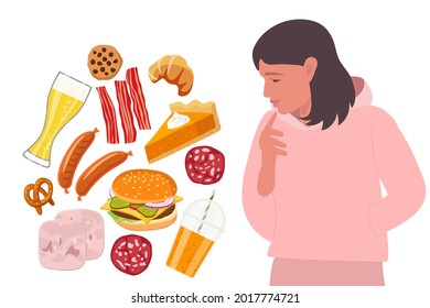 Junk food. Young woman looks at set of unhelthy food in thoughtfulness. Harmful carbonated drinks, fast food, sausages, pastries vector flat on white background. Right Power Concept