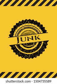 Junk grunge black emblem with yellow background, warning sign. Vector Illustration. Detailed.