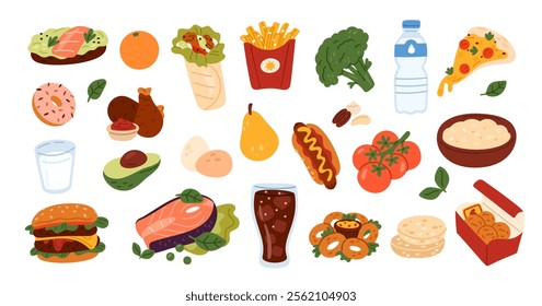 Junk and healthy food. Fast street meal. Fried potato. Breaded products with cholesterol. Fresh fruit or vegetable. Organic nutrition. Fish steak. Pizza piece. Cola glass