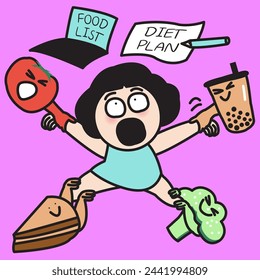 Junk And Healthy Food Pulling Panic Girl's Arms And Legs In Both Direction. Uneasy To Follow Diet Plan Concept Card Character illustration