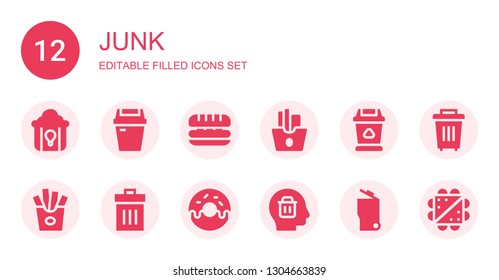 junk icon set. Collection of 12 filled junk icons included Fried chicken, Trash, Sandwich, French fries, Fries, Donut, Delete, Garbage