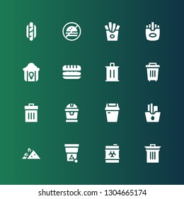junk icon set. Collection of 16 filled junk icons included Bin, Waste, Trash, Sandwich, French fries, Garbage, Fried chicken, Fries, No fast food, Hotdog