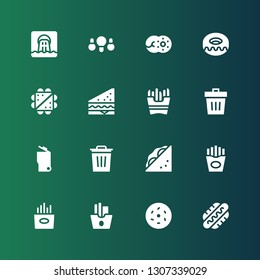 junk icon set. Collection of 16 filled junk icons included Hot dog, Donut, French fries, Fries, Sandwich, Trash, Garbage, Fried chicken, Waste