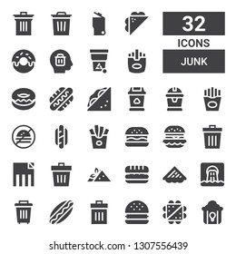 Junk Icon Set. Collection Of 32 Filled Junk Icons Included Fried Chicken, Sandwich, Hamburguer, Trash, Hotdog, Waste, Delete, Fries, No Fast Food, Garbage, Hot Dog, Donut, Bin