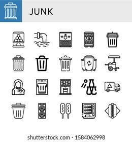 junk icon set. Collection of Garbage, Candy machine, Waste, Onion rings, Vending machine, Garbage bin, Delete, Bin, Trash, Hot dog, Lunchroom, Sandwich, Bottle throw, Trash bin icons