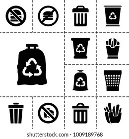 Junk icons. set of 13 editable filled junk icons such as recycle bin, trash bag, trash bin, french fries, no fast food