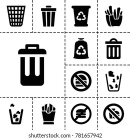 Junk icons. set of 13 editable filled junk icons such as recycle bin, trash bin, french fries, no fast food