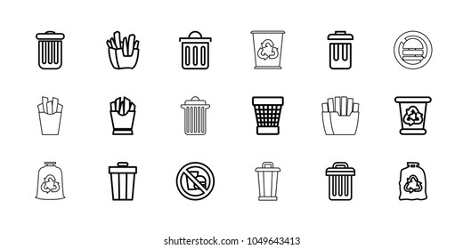 Junk icons. set of 18 editable outline junk icons: recycle bin, trash bag, trash bin, french fries