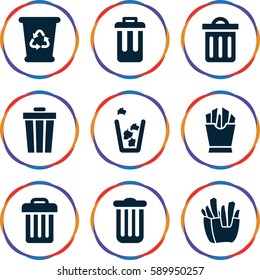 junk icons set. Set of 9 junk filled icons such as recycle bin, trash bin