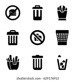 Junk icons set. set of 9 junk filled icons such as trash bin, french fries, bin