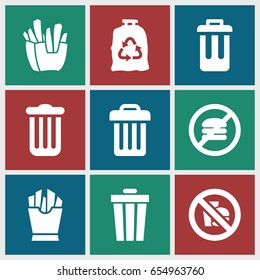 Junk icons set. set of 9 junk filled icons such as trash bag, french fries, bin, trash bin