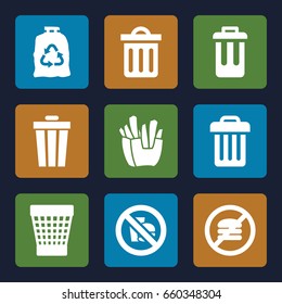 Junk icons set. set of 9 junk filled icons such as trash bag, trash bin, french fries, delete trash bin, bin