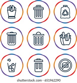 Junk icons set. set of 9 junk outline icons such as trash bag, trash bin, french fries, delete trash bin, bin