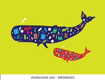 Junk items like palstic bottles inside a silhouette shape of a sperm whale. Editable Clip Art.