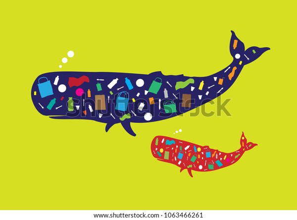 マッコウクジラのシルエット形の中に入ったパルスティックボトルのようなジャンクアイテム 編集可能なクリップアート のベクター画像素材 ロイヤリティフリー