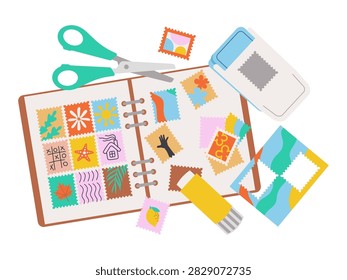 Junk journaling. Collection of colorful postage stamps and tools. Flat vector illustration.