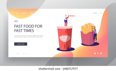 Junk Meal, Unhealthy Nutrition Website Landing Page, Tiny Characters, Huge French Fries and Cup with Soda Drink. People Eat Street Fast Food in Cafe Web Page. Cartoon Flat Vector Illustration, Banner
