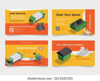 Junk removal business cards featuring eco-friendly services and same-day pickup options for efficient decluttering