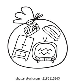 Junk removal concept. Garbage bag full of useless household items. Outline vector icon on white background.