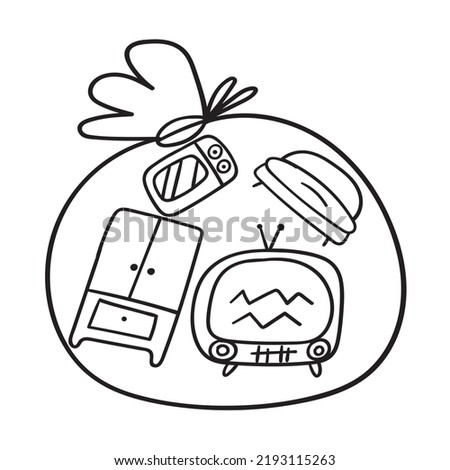 Junk removal concept. Garbage bag full of useless household items. Outline vector icon on white background.