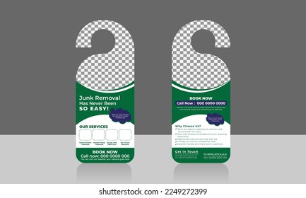 Junk removal service door hanger design template, hotel knob design. vector door hanger. roof cleaning, window cleaning, office cleaning, dust removal, door hanger, rack card layout vector