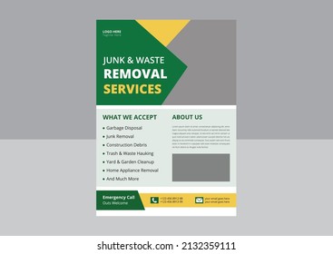 Junk Removal Service Flyer Template. Waste Removal Poster Leaflet Template. Yard Junk Waste Removal Flyer Poster Leaflet Design.