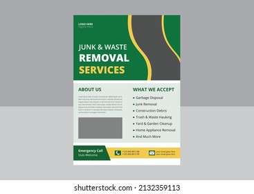 Junk Removal Service Flyer Template. Waste Removal Poster Leaflet Template. Yard Junk Waste Removal Flyer Poster Leaflet Design.