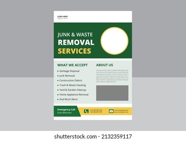 Junk Removal Service Flyer Template. Waste Removal Poster Leaflet Template. Yard Junk Waste Removal Flyer Poster Leaflet Design.