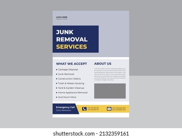 Junk removal service flyer template. Waste removal poster leaflet template. Yard junk waste removal flyer poster leaflet design. Cover, A4 Size, Flyer Design.