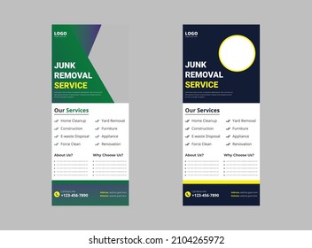 Junk removal service roll up banner template. Waste removal poster leaflet template. Yard junk waste removal banner design. cover, print-ready