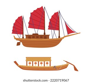 Junk and Rowboat as Chinese Sailing Ship with Sails and Deck Vector Set