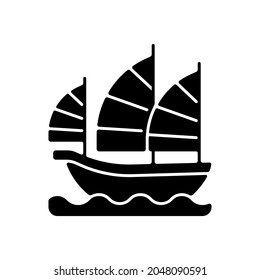 Junk ship black glyph icon. Sailing on traditional boat in Hong Kong. Asian culture, eastern history. Ancient sailboat. Marine vessel. Silhouette symbol on white space. Vector isolated illustration