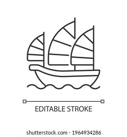 Junk ship linear icon. Sailing on traditional boat in Hong Kong. Asian culture, eastern history. Thin line customizable illustration. Contour symbol. Vector isolated outline drawing. Editable stroke