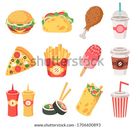 Junk street food. Fast food, doodle takeaway food and snacks, french fries, coffee, pizza. High calorie junk food isolated vector icons set. Pizza and burrito hamburger, soda fastfood illustration