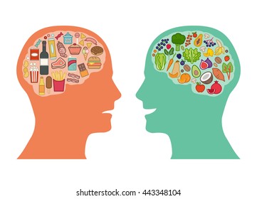 Comparación de alimentos no saludables y vegetales saludables con dieta, mejor alimento para el concepto de cerebro