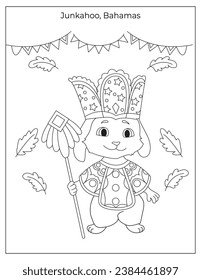 Junkahoo Holiday Celebration on Bahamas with cute rabbit dancing in traditional clothes coloring page for kids