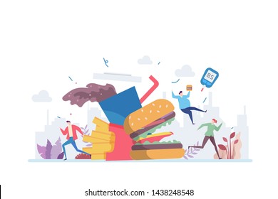 Concepto de ilustración de adicción a comida basura que muestra a un monstruo hamburguesa persiguiendo a la gente, adecuado para la página de inicio, ui, web, tarjeta de introducción de aplicaciones, editorial, volante y banner.